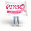 A person standing against a white studio background holding up a large white banner with pink text reading 'PINK OCTOBER' and a pink ribbon graphic. Breast Cancer Flag banner.