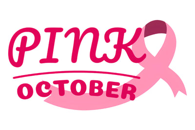 Pink ribbon and the words 'PINK OCTOBER' in pink lettering on a white background. Breast Cancer Flag banner.