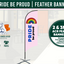 Pink feather banner with 'Pride be proud' text and Flags Ireland branding.