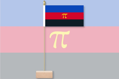 Polyamory Flag with pi symbol on a pink and blue background