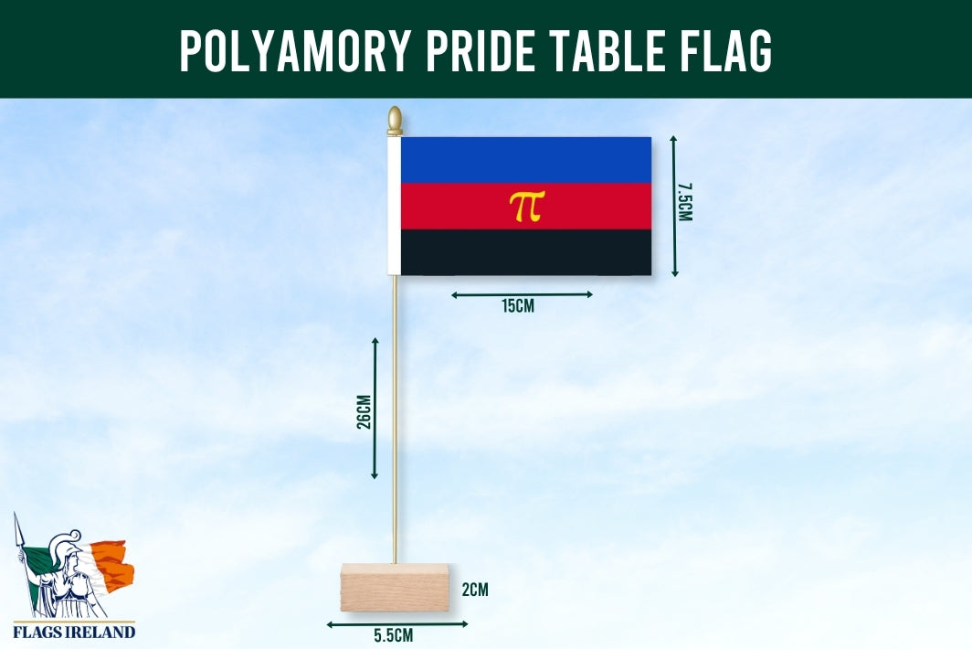Polyamory pride table flag with dimensions and Flags Ireland logo on a blue background