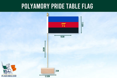 Polyamory pride table flag with dimensions and Flags Ireland logo on a blue background