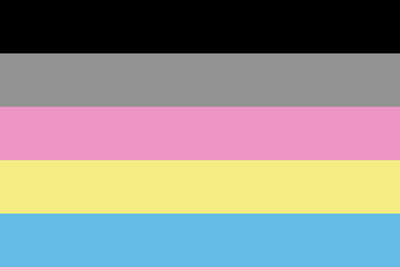 Polygender Pride Flag with horizontal stripes of gray, pink, yellow, and blue.