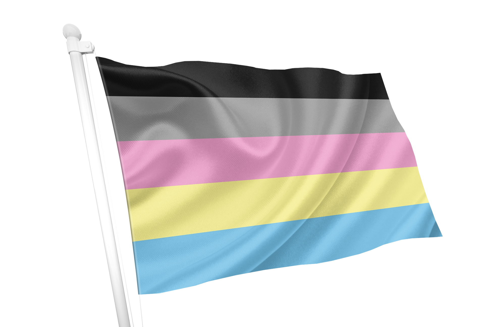 Polygender Pride Flag with black, pink, yellow, and blue stripes on a white background
