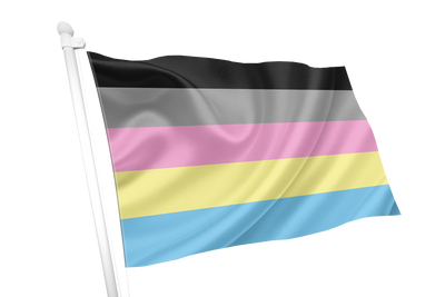 Polygender Pride Flag with black, pink, yellow, and blue stripes on a white background