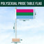 Polysexual pride table flag with dimensions on a blue background