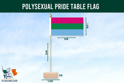 Polysexual pride table flag with dimensions on a blue background