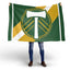 Person holding a green and yellow flag with a logo on a white background. Portland Timbers FC Stripes Flag.
