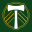 Logo featuring a white axe in a circular green design on a green background. Portland Timbers FC Flag. 