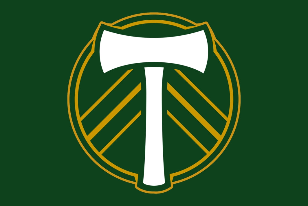 Logo featuring a white axe in a circular green design on a green background. Portland Timbers FC Flag. 