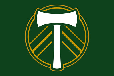 Logo featuring a white axe in a circular green design on a green background. Portland Timbers FC Flag. 