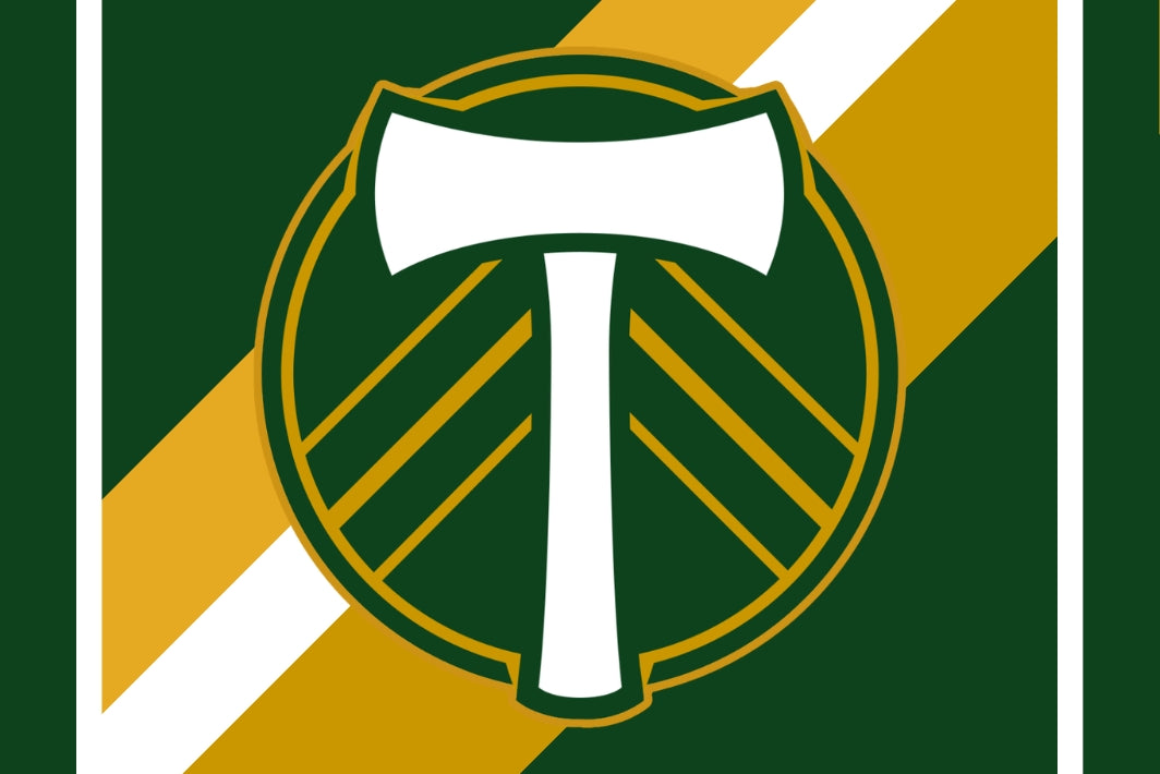 Logo with a white axe on a green and gold striped background. Portland Timbers FC Stripes Flag.