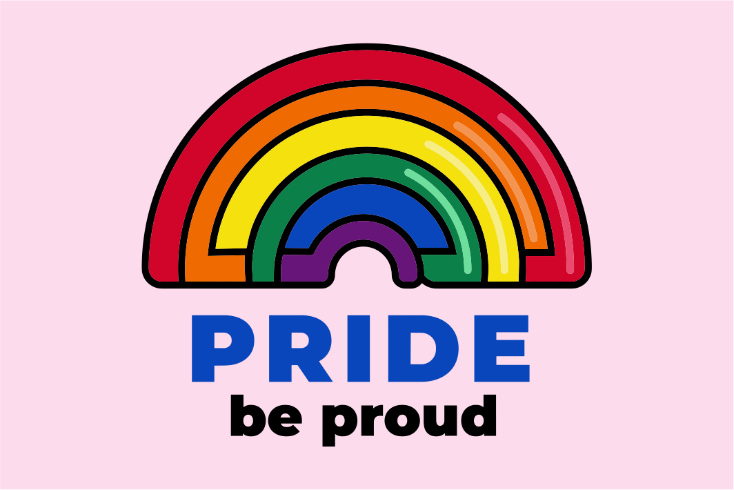 Pride Be Proud Flag – A flag with a rainbow design and the words "Pride - Be Proud" on a light pink background.