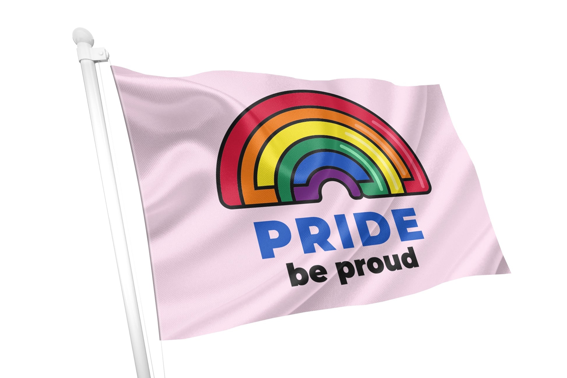 Pride Be Proud Flag Flying – A flag waving in the wind with a rainbow design and the words "Pride - Be Proud" on a light pink background.