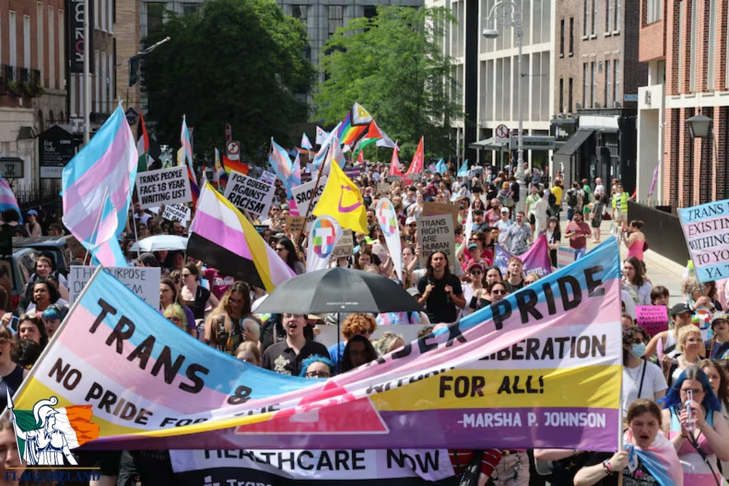 A crowded outdoor street protest or pride march with many people holding signs and banners. Prominent visible text includes 'TRANS & LGB+ PRIDE', 'NO PRIDE FOR CENSURE', 'DELIBERATION FOR ALL!', and 'HEALTHCARE NOW'.