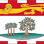 Flag with a yellow lion and trees on a red and white background. Prince Edward Island Flag.