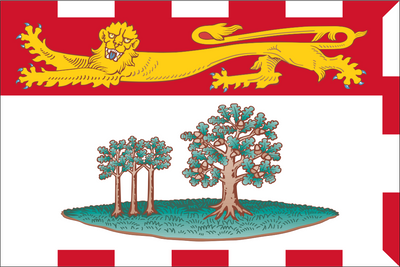 Flag with a yellow lion and trees on a red and white background. Prince Edward Island Flag.