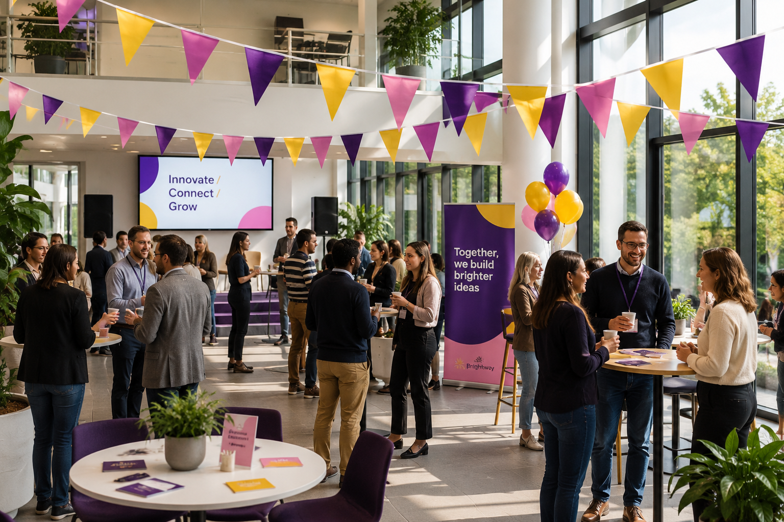 Event or conference with people networking, colorful bunting flags, and promotional banners.