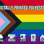 Digitally Printed Progress Pride Flag: A digitally printed polyester Progress Pride Flag with a sharp, vivid colour finish. The flag features the traditional rainbow stripes along with an inclusive chevron design. Icons highlight that it is made in Ireland, digitally printed, hand-sewn, machine washable, and fire retardant.