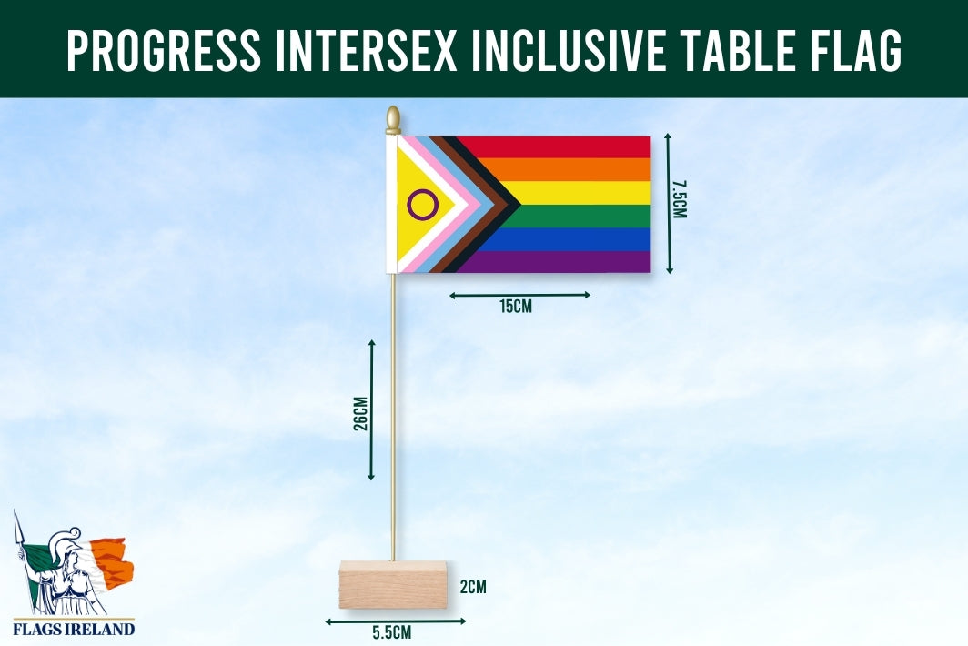 Progress Intersex Inclusive Table Flag with measurements on a blue background