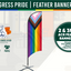 Feather banner kit with rainbow progress pride design and branding for Flags Ireland on a white background.