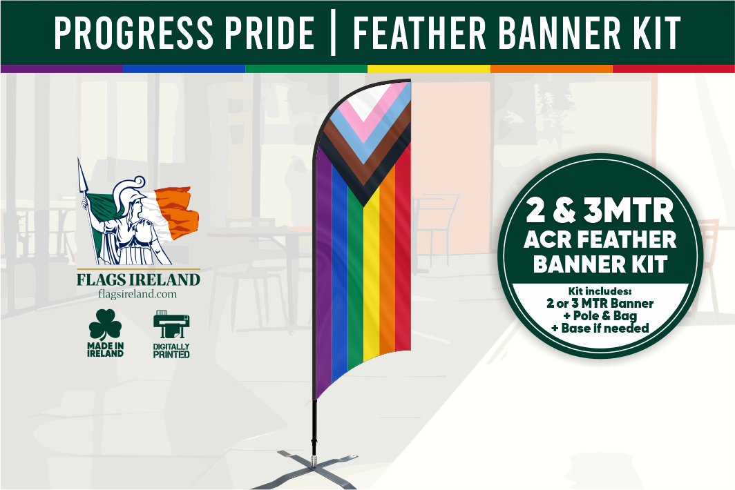 Feather banner kit with rainbow progress pride design and branding for Flags Ireland on a white background.