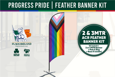 Feather banner kit with rainbow progress pride design and branding for Flags Ireland on a white background.