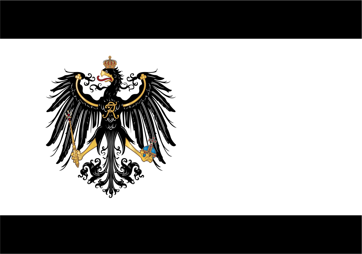 Prussia Flag. A heraldic black double-headed eagle with gold detailing and a crown, positioned on the left side of a white field, with black letterbox bars at the top and bottom.