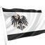 Prussia Flag. A black and white flag with a central black eagle emblem, shown waving on a white flagpole against a plain white background.