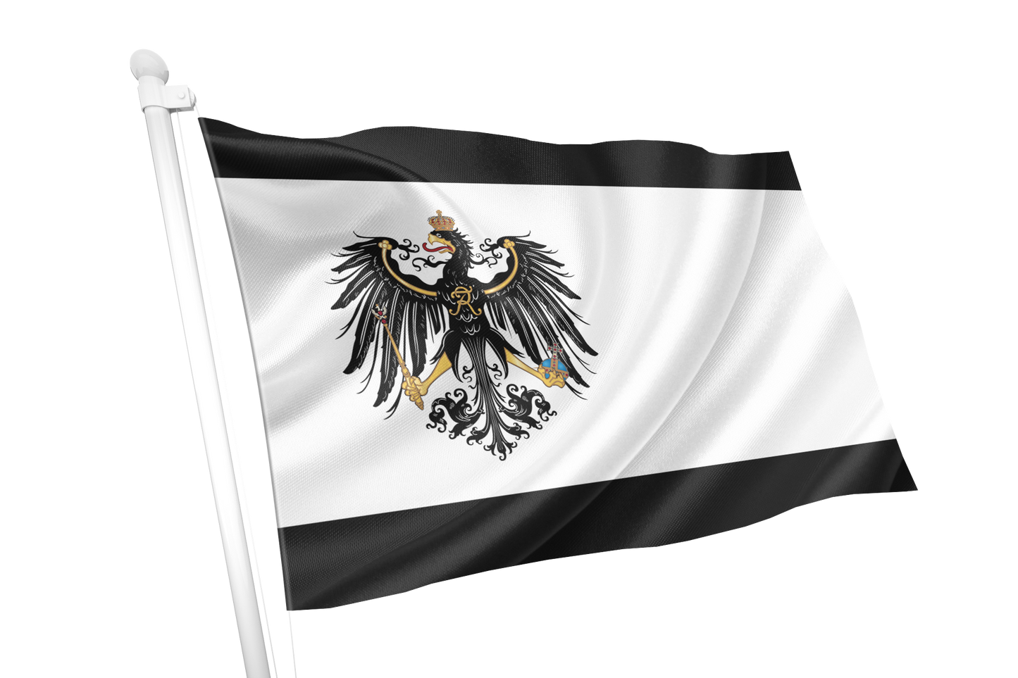 Prussia Flag. A black and white flag with a central black eagle emblem, shown waving on a white flagpole against a plain white background.