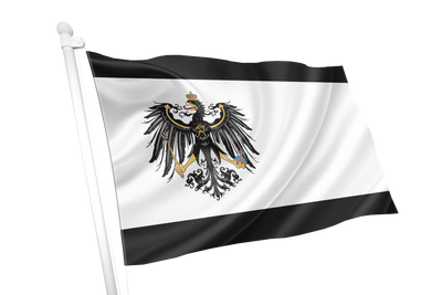 Prussia Flag. A black and white flag with a central black eagle emblem, shown waving on a white flagpole against a plain white background.