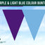 Purple and light blue triangle-shaped bunting flags against a clear sky with 'Flags Ireland' logo.