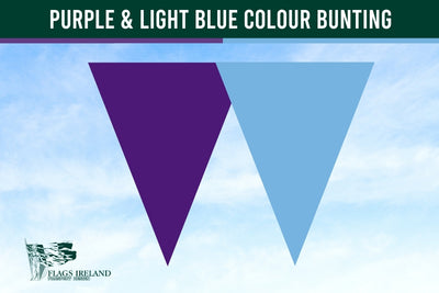Purple and light blue triangle-shaped bunting flags against a clear sky with 'Flags Ireland' logo.