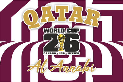 Promotional graphic for the 2026 FIFA World Cup with Qatar text and world cup logo on a striped background.