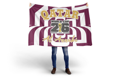 Person holding a Qatar World Cup 2026 flag with maroon and white stripes.
