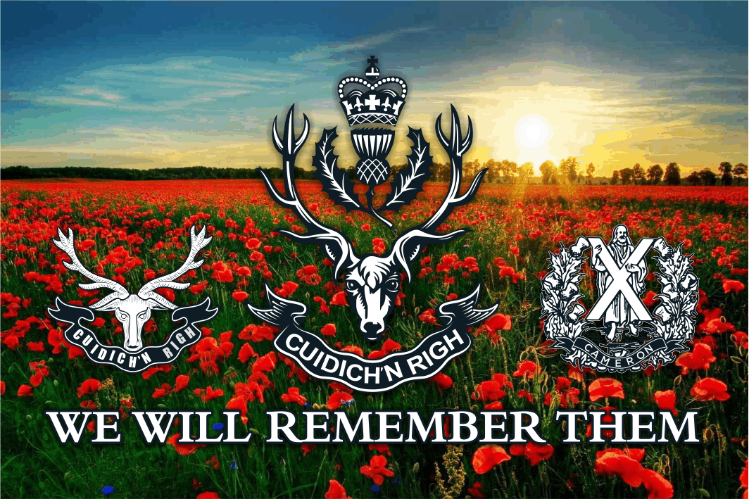 Queens Own Highlanders Remembrance Flag with Seaforth & Cameron Highlander Badge