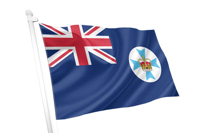 Flag with Union Jack and coat of arms on a white background. Queensland Flag.
