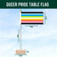 Queer pride table flag with dimensions on a blue background