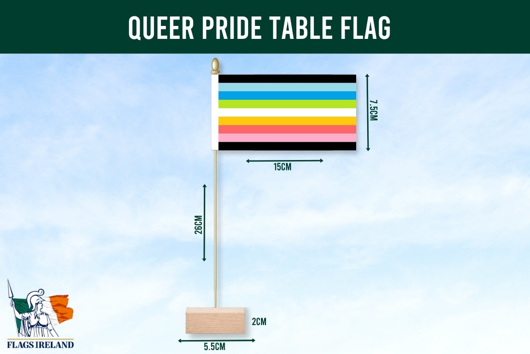 Queer pride table flag with dimensions on a blue background