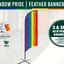Rainbow pride feather banner kit with branding and specifications on a white background