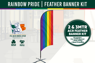 Rainbow pride feather banner kit with branding and specifications on a white background