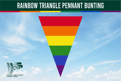 "Rainbow Triangle Pennant Bunting featuring an inverted triangle pennant design with horizontal rainbow stripes in red, orange, yellow, green, blue, and purple. A high-quality, durable decoration perfect for LGBTQ+ Pride events, businesses, and community celebrations. Irish-made for long-lasting indoor and outdoor use."