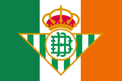 Flag with a Real Betis logo featuring a crown and a letter 'B' on a green, white, and orange irish Flag background.