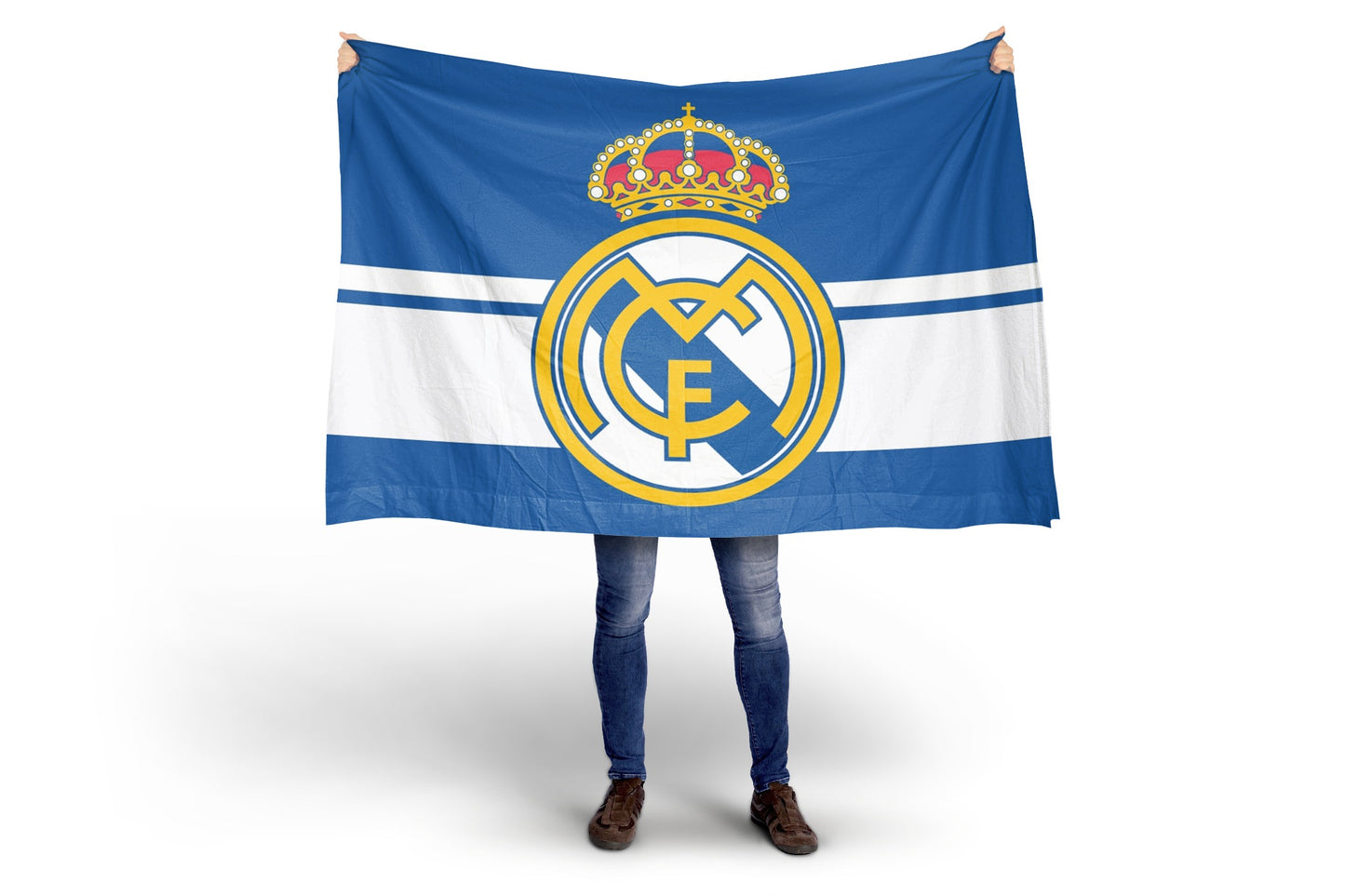 Person holding a large flag with a prominent logo on a white background
