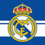 Real Madrid logo with a crown on a blue and white striped background