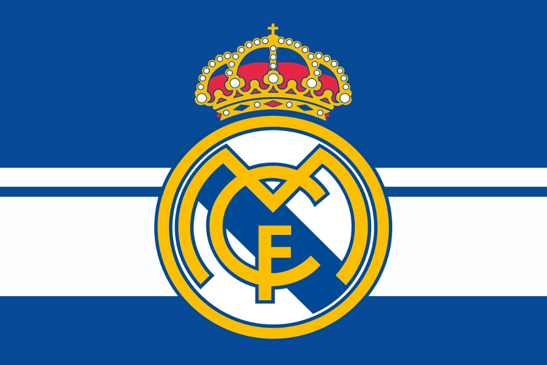 Real Madrid logo with a crown on a blue and white striped background