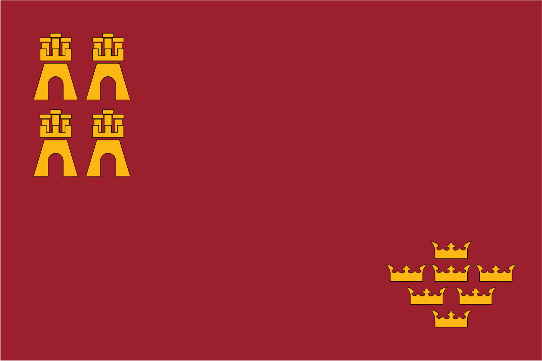Flag with yellow symbols on a red background. Region of Murcia.