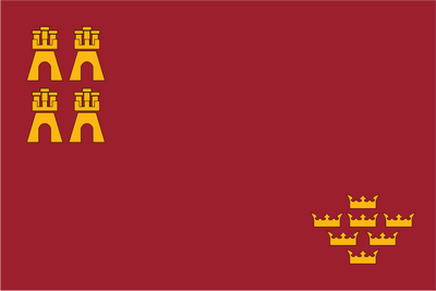 Flag with yellow symbols on a red background. Region of Murcia.