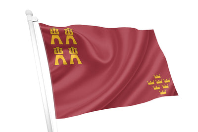 Red flag with yellow emblem on a white background. Region of Murcia.