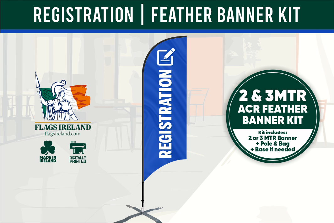 Registration feather banner kit with blue banner and green circle, featuring Flags Ireland logo.